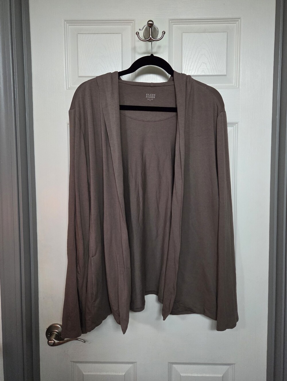 Eileen Fisher Organic Cotton Open-Front Hooded Cardigan in Taupe Brown Large